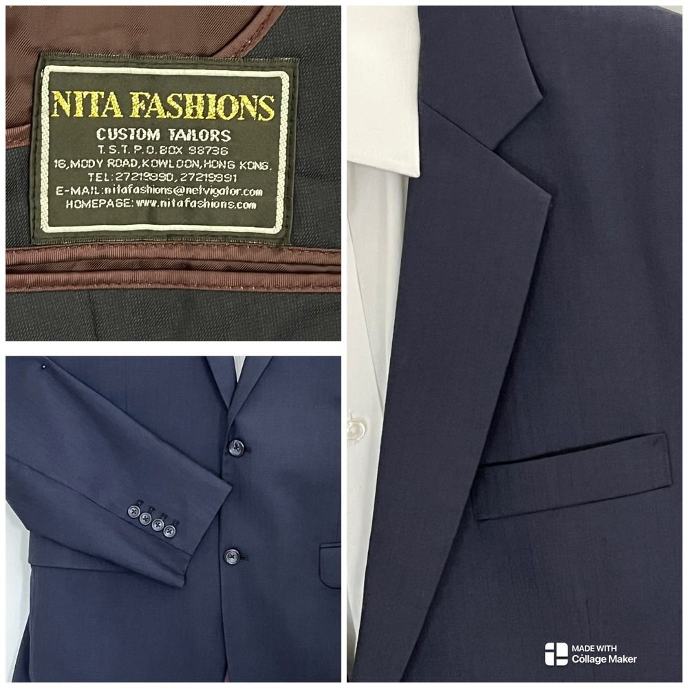 Nita Fashions Bespoke Navy Wool Blazer‎ 44R Pinstripe Tailored Surgeon Cuffs